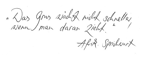 Zitat: Das Gras wächst nicht schneller, wenn man daran zieht. Afrikanisches Spirchwort